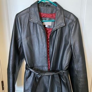 Lined belted leather trench coat hip length